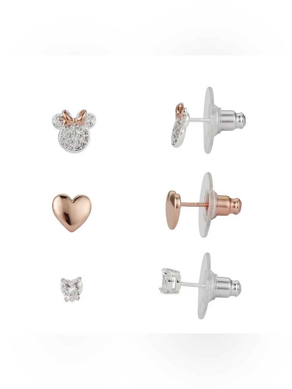 DISNEY MINNIE MOUSE STUD EARRINGS SET SILVER PLATED ROSE GOLD TONE CRYSTAL HEART